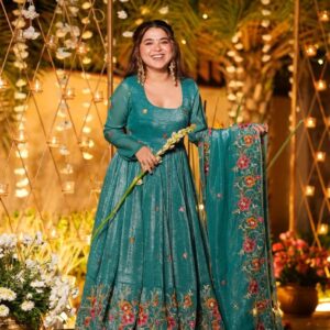Elegant Teal Green Tissue Silk Anarkali Gown with Heavy Floral Border & Embroidered Dupatta – Perfect for Wedding Guest & Festive Wear