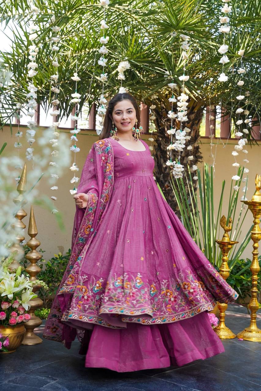 Rani Pink Silk Blend Anarkali Dress with Zari Work - Festive Wear Kurta Set for Women - Image 4