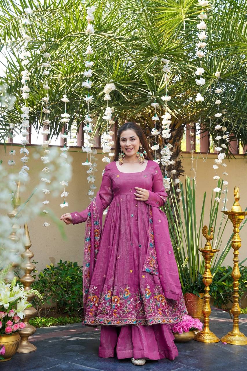 Rani Pink Silk Blend Anarkali Dress with Zari Work - Festive Wear Kurta Set for Women