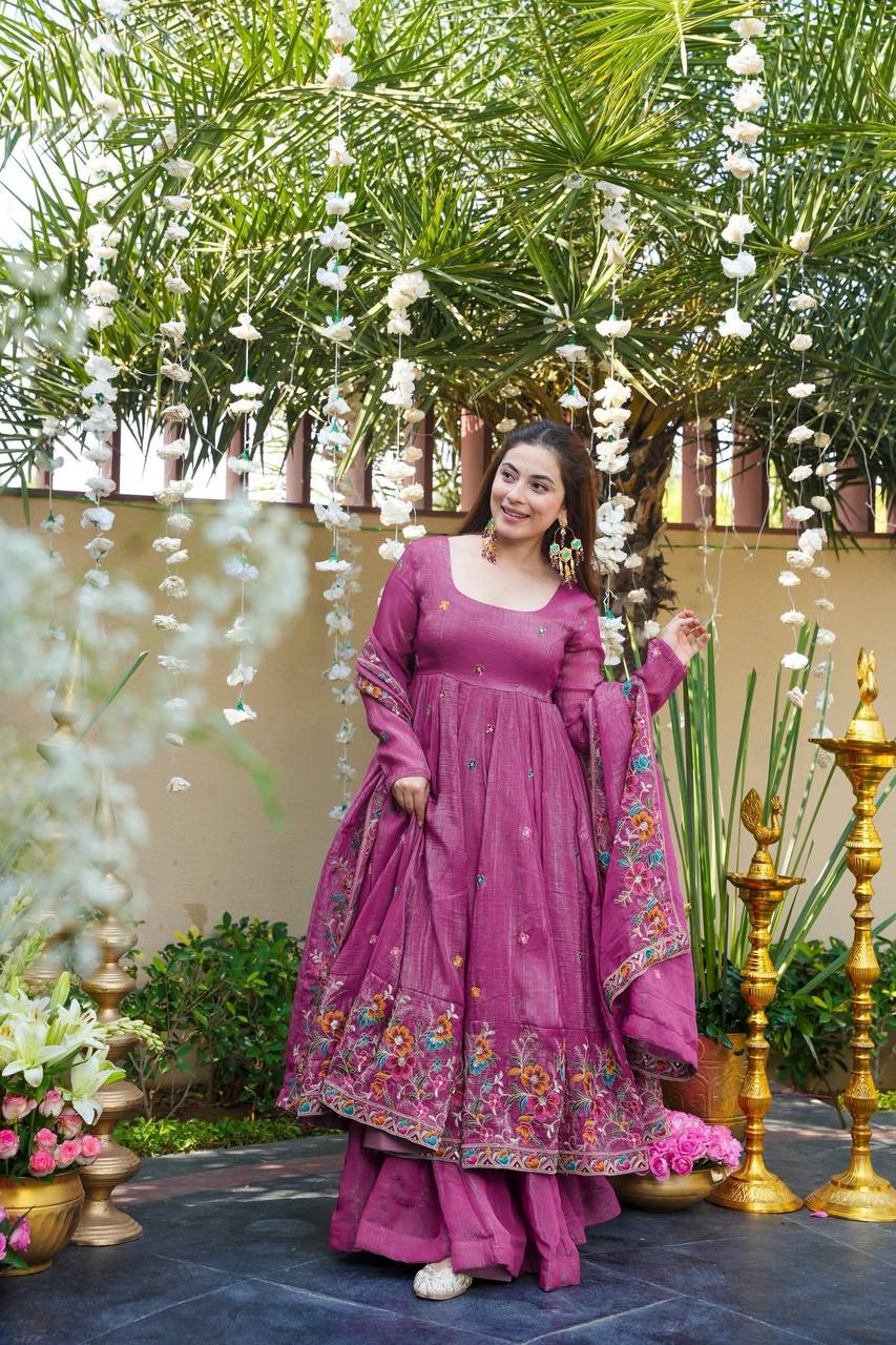 Rani Pink Silk Blend Anarkali Dress with Zari Work - Festive Wear Kurta Set for Women - Image 2